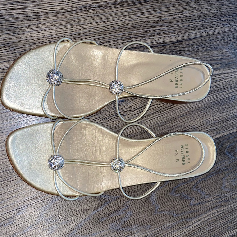 Stuart Weitzman Silver Strappy Sandals with Rhinestone Embellishment